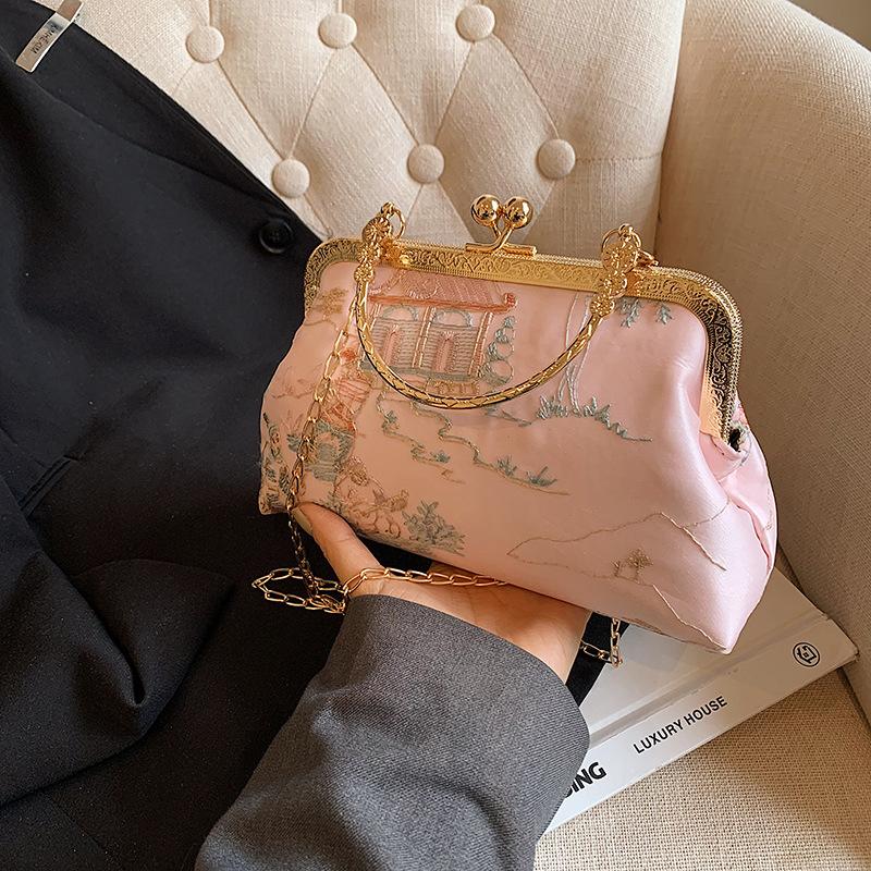 Вышитая сумочка, новый стиль, старинный стиль, ципао, банкетный клатч, цепочка, металлический замок, маленькая квадратная сумка