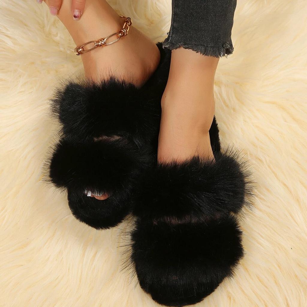 Leisure Slippers for Women New Slides Casual Flat Low Heels Shoes for Women Solid Furry Fur Slippers Plus Size