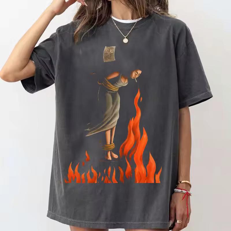 Witch Lighting Cigarette While Burning at the Stake Summer unisex Loose and Breathable cotton T-shirt Top