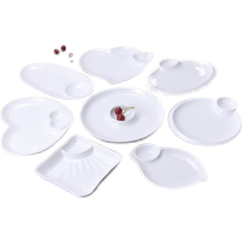 Hand-painted Pure White Ceramic Plate with Integrated Vinegar Dish for Dumplings, Shrimp, Vegetables, Fries & More.