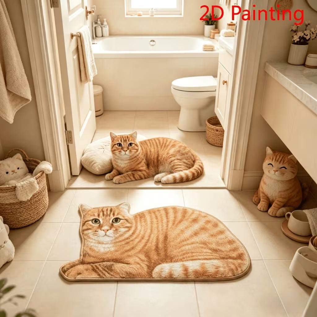 Realistic Cat Faux Cashmere Floor Mat Thickened Bedside Rug Absorbent Bathroom Foot Pad Cute Pet Bedroom Carpet