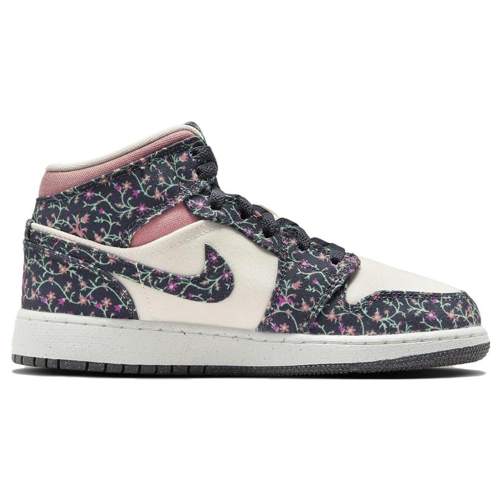 Кроссовки Air Jordan 1 Mid SE GS Floral Kids, черные, антрацитовые, парус FJ3451-001