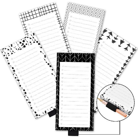 5 Pack White Black Scandi Magnetic Notepads with Pen Holder,for Grocery, Shopping and to Do Lists with Checkbox,Note Pad for Refrigerator 3.3" x