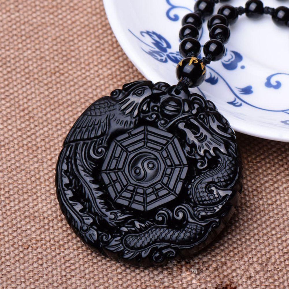 Новое мужское женское черное ожерелье ручной работы из дракона и феникса с резным узором из обсидиана BaGua, кулон на удачу