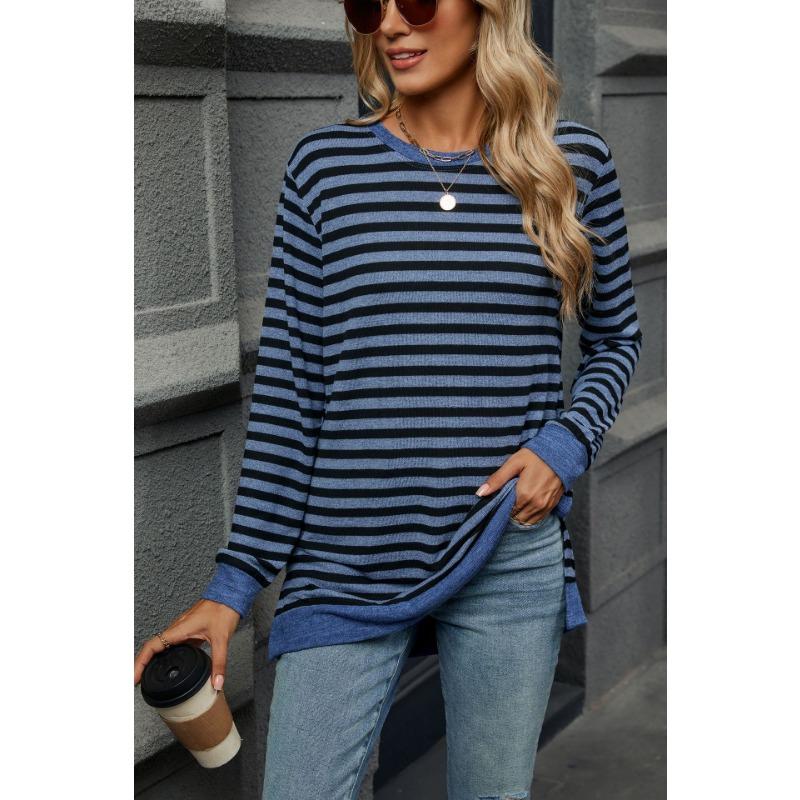 Осенне-зимняя женская блузка больших размеров в полоску с круглым вырезом и длинными рукавами, свободный топ