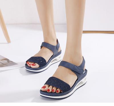 Модные женские сандалии, летние удобные дышащие босоножки на танкетке, женские повседневные спортивные сандалии, женские босоножки на платформе со стразами