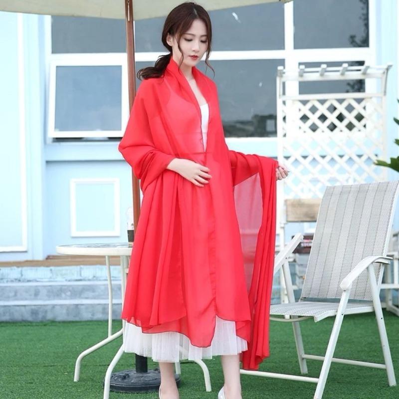 Elegant Red Chiffon Scarf for Women, Infinite Summer Scarf with Tassels