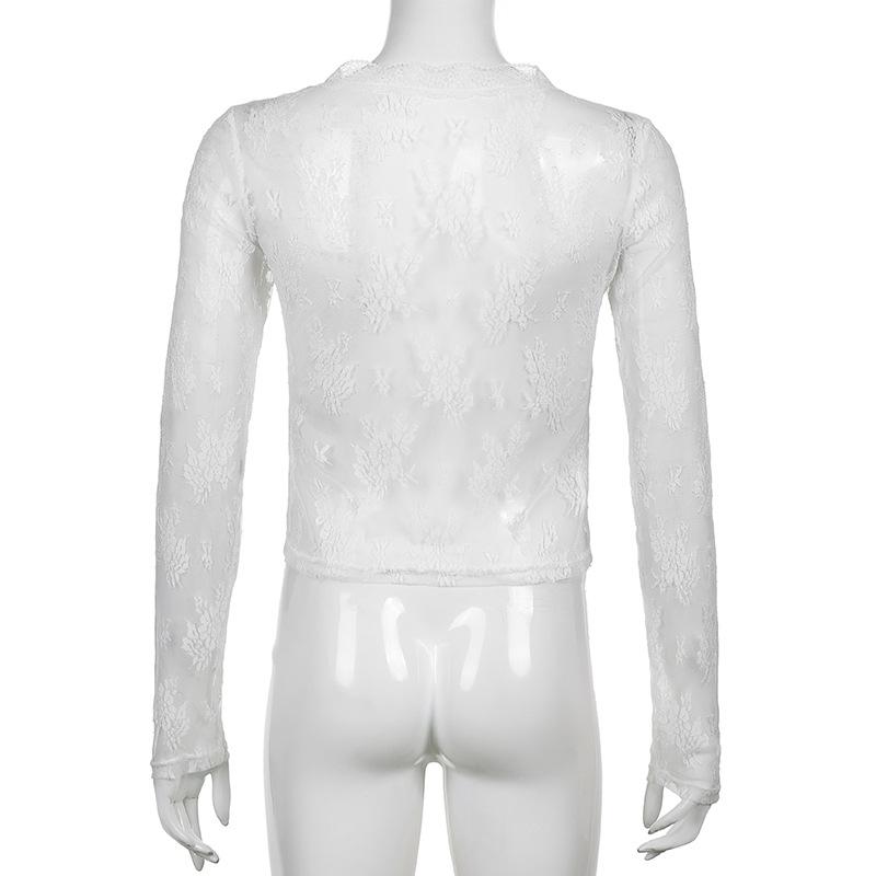 Женская сетчатая кружевная блузка, летняя тонкая перспективная топ с длинным рукавом и v-образным воротником, кружевные кардиганы, рубашка, укороченные топы