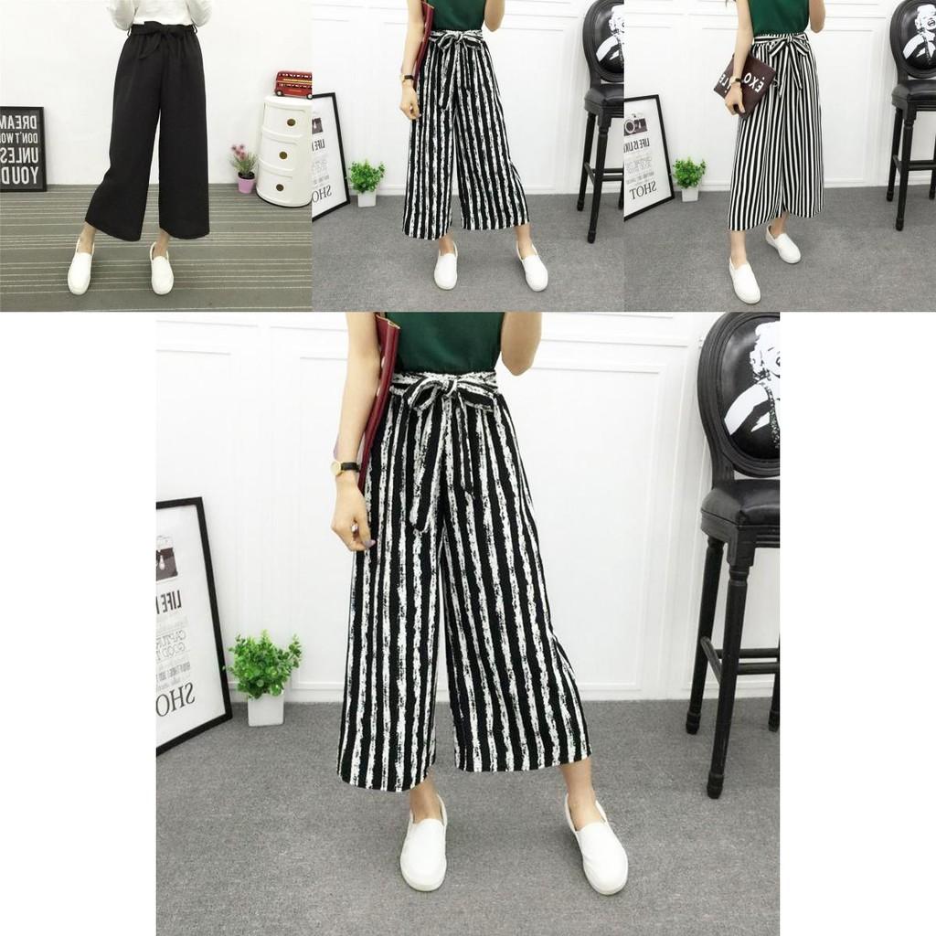 Wide Korean Women Leg High Waist Loose Baggy Casual Striped Crop Trousers Pants