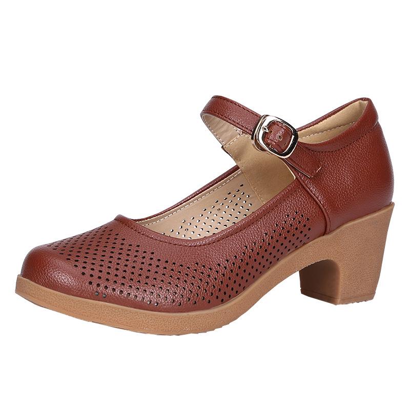 2025 туфли женские на толстом каблуке рабочие туфли для通勤 полая подошва из говяжьей кожи спортивная обувь мягкая подошва одинарные туфли сандалии высокие каблуки