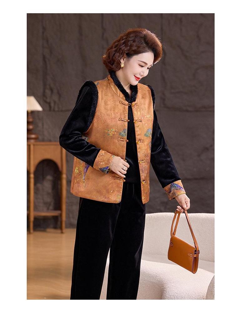 Новый зимний жилет в китайском стиле: Золотой велюровый комплект из 3 предметов для женщин среднего возраста