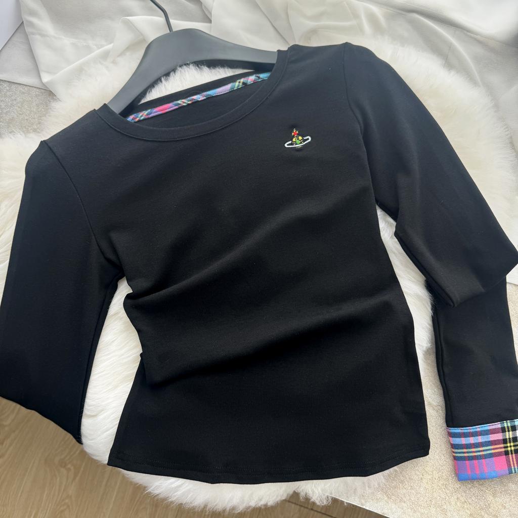 Осенняя женская корейская мода вышитая клетчатая лоскутная футболка с длинным рукавом топы с круглым вырезом винтажные 2000-е эстетика прилив простые