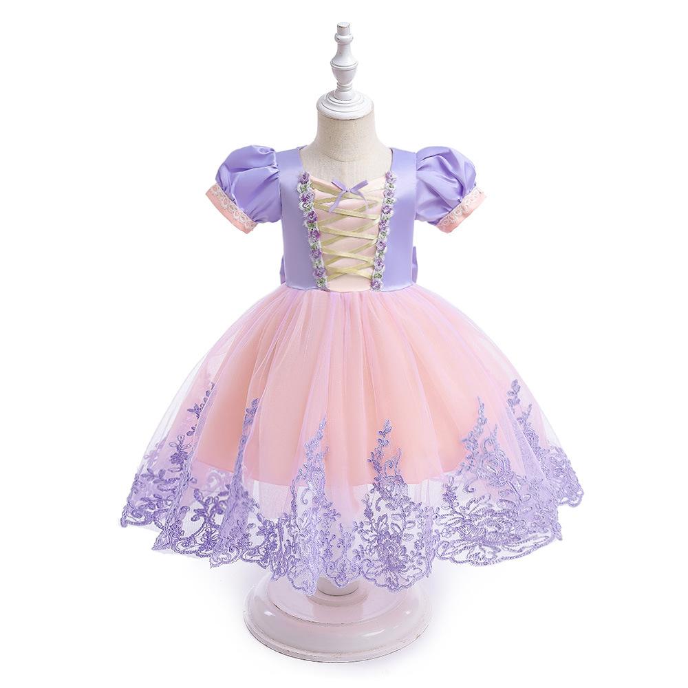 Children's Bow Girls Dress Rapunzel Mesh Dress Sleeping Beauty Bubble Sleeve Dress Dress