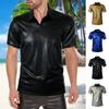 Summer Men T-shirt Turn-down Collar Glossy Bronzing Surface Metallic Solid Color Buttons Short Sleeves Pullover Mid