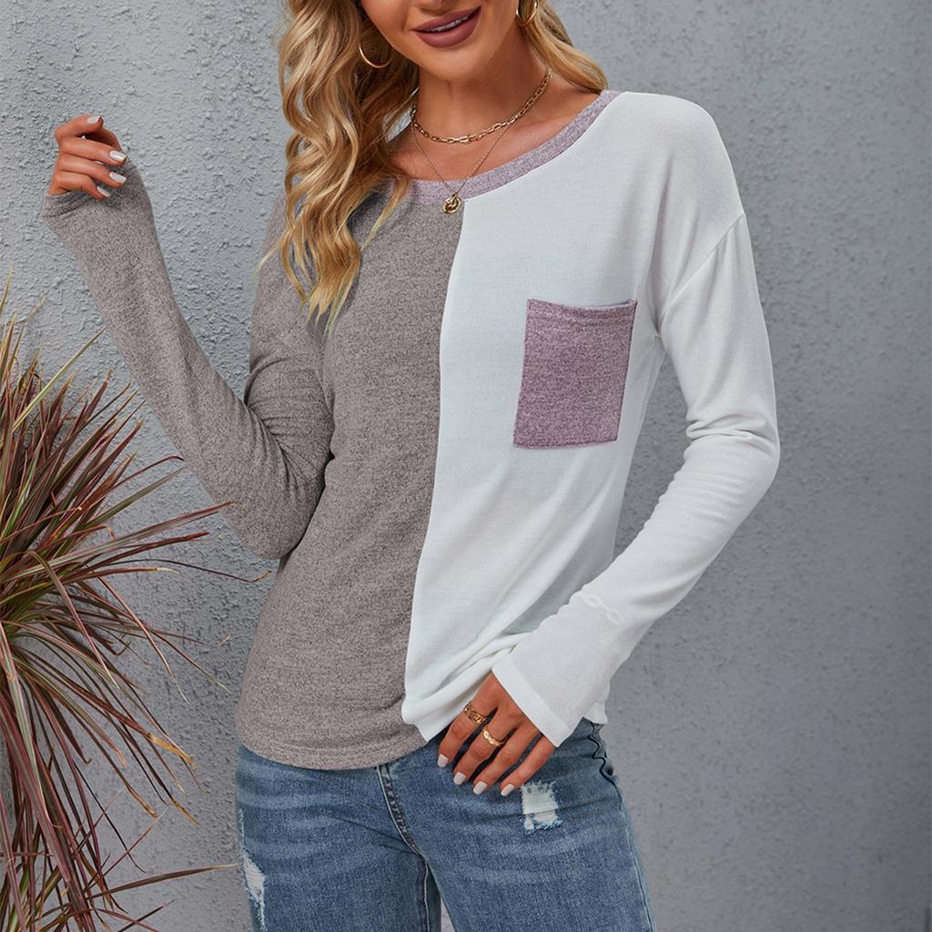 Женская повседневная футболка с длинным рукавом и круглым вырезом в стиле пэчворк, свободный женский топ