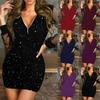 2024 Women Dress Zipper V Neck See-through Mesh Patchwork Long Sleeve Sheath Slim Fit High Waist Shiny Sequin Lady Fall Spring Mini Dress