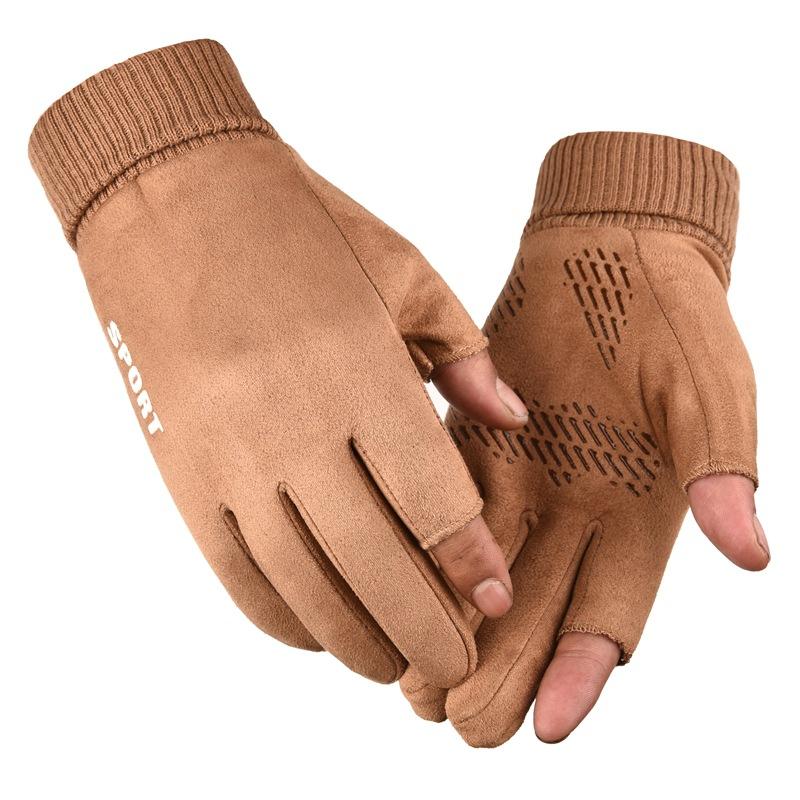 Замшевые ребристые мужские и женские парные зимние теплые перчатки с сенсорным экраном для езды на велосипеде на открытом воздухе, герметичные плюшевые утолщенные перчатки с двумя пальцами и половиной пальцев