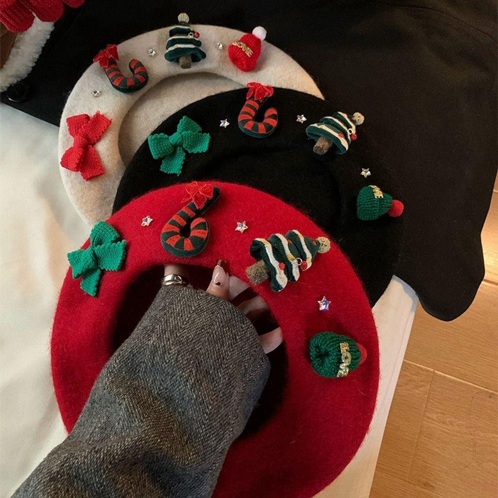 Сплошной цвет шерстяная шапка-бини, зимние теплые зимние шапки художника, модный рождественский берет, новогодняя шапка