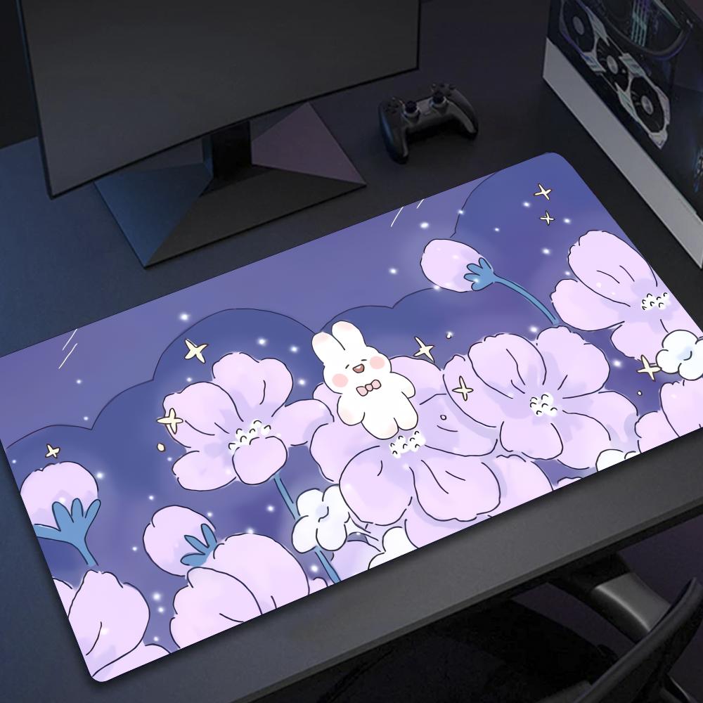 Cute Bunny Purple Flower Mouse Pad Large Computer Office Game Table Mats XXL Rubber Antislip Keyboard Mousepads Long Desk Pads