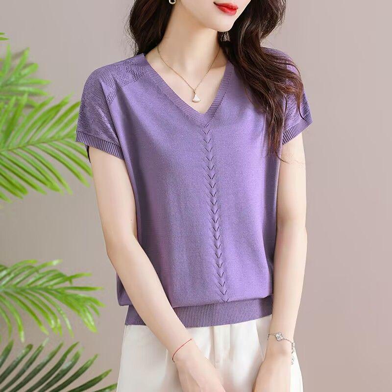 Женская вязаная футболка Летняя футболка для мамы среднего возраста Летняя одежда Футболка с коротким рукавом Женская футболка с V-образным вырезом