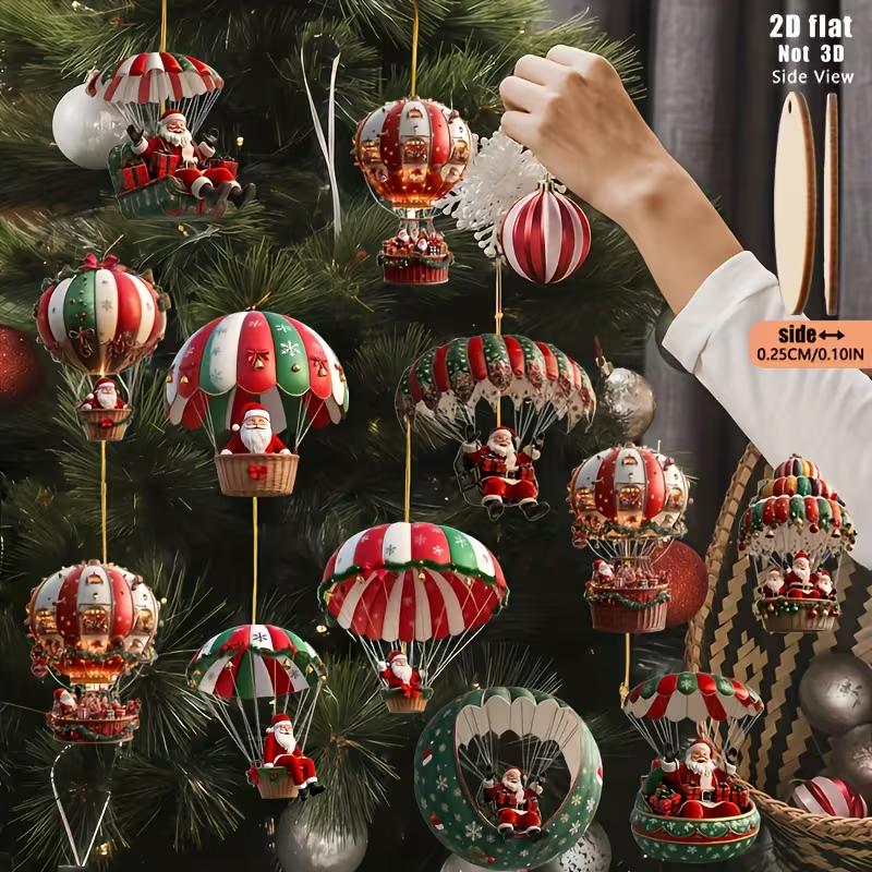 10pcs Christmas Hanging Ornaments 2D Santa Claus Air Balloon Decorations, Colorful Tree Decor for Christmas Party Home Window and New Year