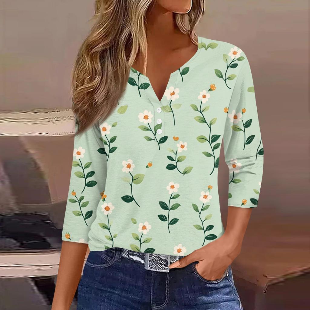 Women's Fashion Casual Flowers Print V-Neck Decorative Button Three-quarter Sleeve T-Shirt Top