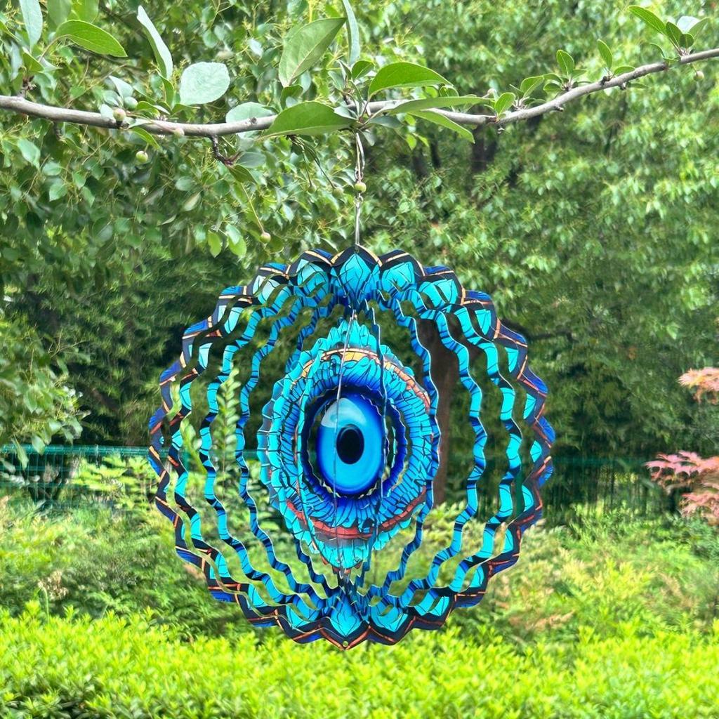 Кинетический металлический спиннер «Злой глаз» - Сложный дизайн из синего и бирюзового витражного стекла - Универсальное искусство для сада, патио, для помещения/улицы