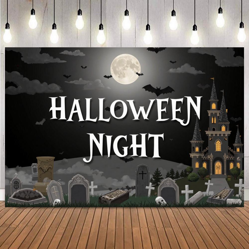 Medieval Halloween Photography Background Gothic Tombstone Skeleton Bat Castle Forest Spider Web Adult Kids Party Photo Backdrop