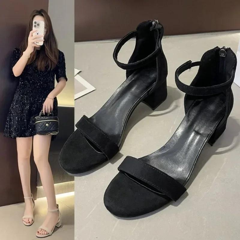 Модные бежевые босоножки на высоком каблуке женские летние туфли женские модные босоножки с открытым носком и пряжкой повседневные на квадратном каблуке zapatos de mujer шлепанцы