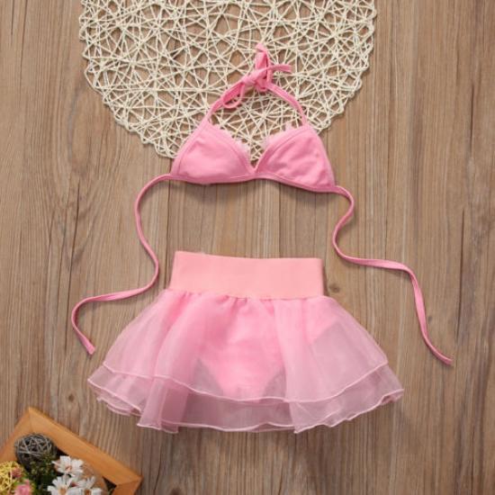 2Pcs Baby Summer Swimwear, Solid-Color Hanging-Neck Floral Top + Tutu Skirt