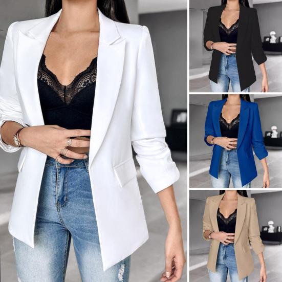 Women Suit Coat Lapel Long Sleeve Flap Pockets Suit Jacket Solid Color Open Front Office Lady Business Outwear