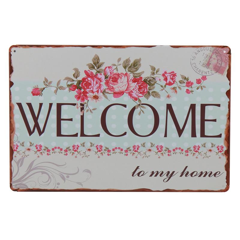 Добро пожаловать в семью, милый дом, металлическая жестяная вывеска, буквенный железный плакат, цветочный дом, металлическая доска, настенный декор, сад, кафе, тарелка, железная живопись
