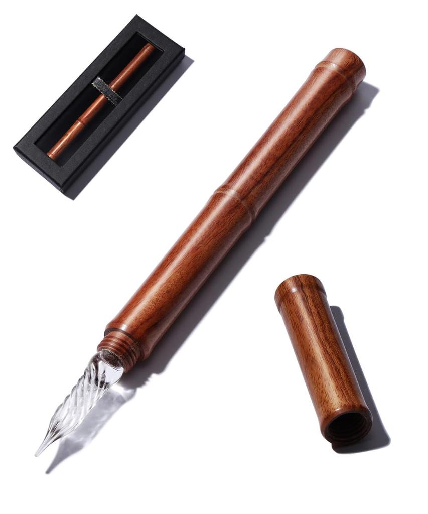 Tegning Light Brown Wooden Glass Dip Pen with Protective Nib Cap
