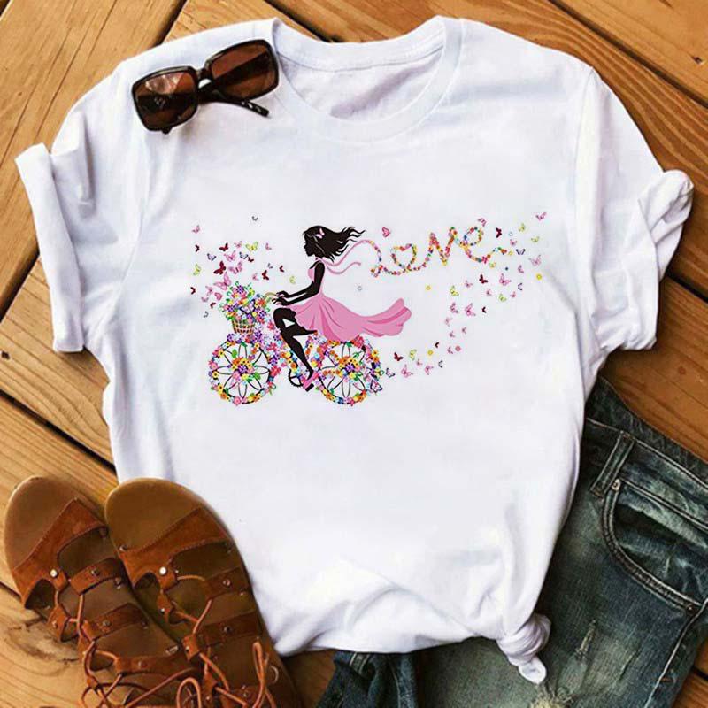 Funny Bicycle With Sunflower Women Tshirt Summer Harajuku Short Sleeve White T Shirts Cartoon Casual