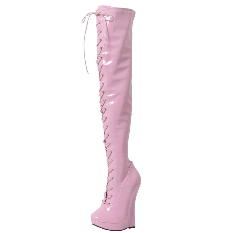 FHC Экстремально высокие 7"/18 см клиновидные каблуки ботфорты до промежности, лакированные ботфорты до бедра, шнуровка, сексуальная платформа, молния, балетки, черные