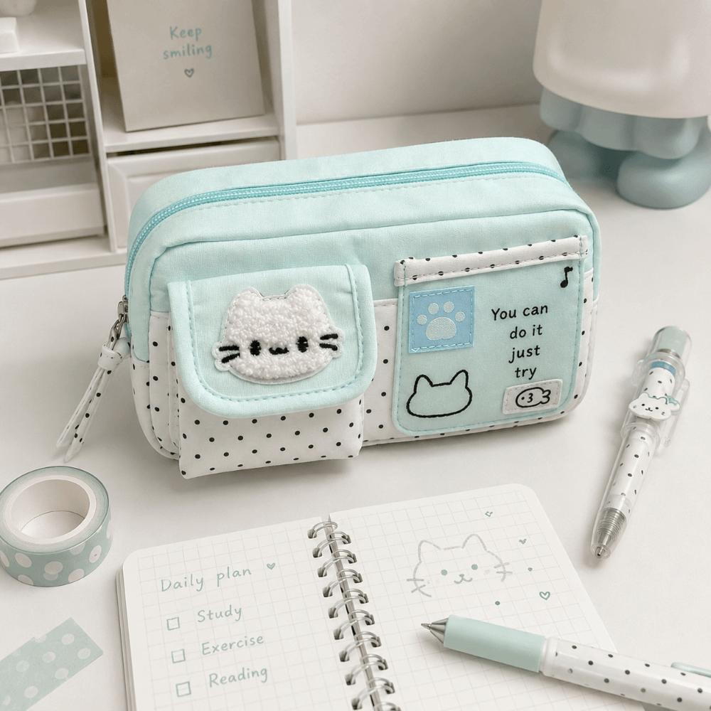Multi Pocket Cartoon Pencil Case Durable Stationery Bag Cute Cat Pen Bag Travel