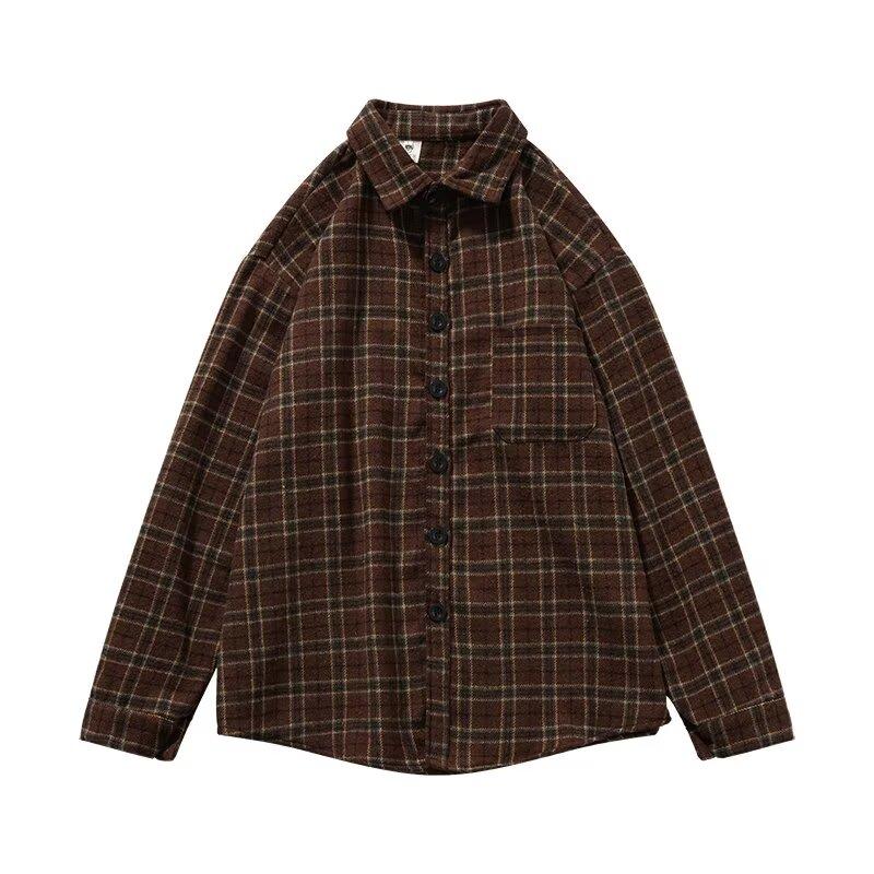 Японская уличная осенняя клетчатая контрастная рубашка с длинным рукавом в стиле ретро, свободная рубашка в гонконгском стиле, повседневная рубашка для пар на осень