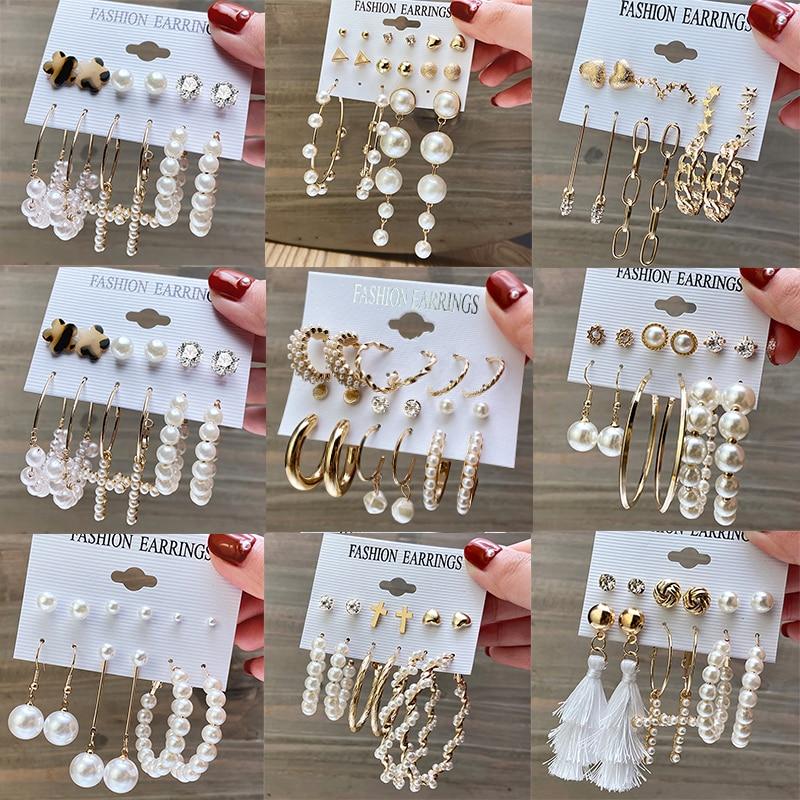 12PCS 17KM Fashion Pearl Hoop Earrings Set for Women Geometirc Gold Metal Circle Hoop Earrings Brincos 2021 Trend Jewelry Gift