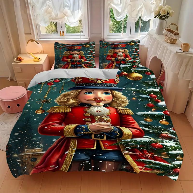 3Pcs Christmas Nutcracker Soldier Bedding Set Quilt Cover Pillowcase Home Christmas Halloween Gift 1 Duvet Cover 2 Pillowcase S27