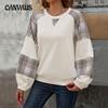 Женский свободный повседневный топ больших размеров в клетку с цветными блоками, с круглым вырезом, с длинным рукавом, пуловер