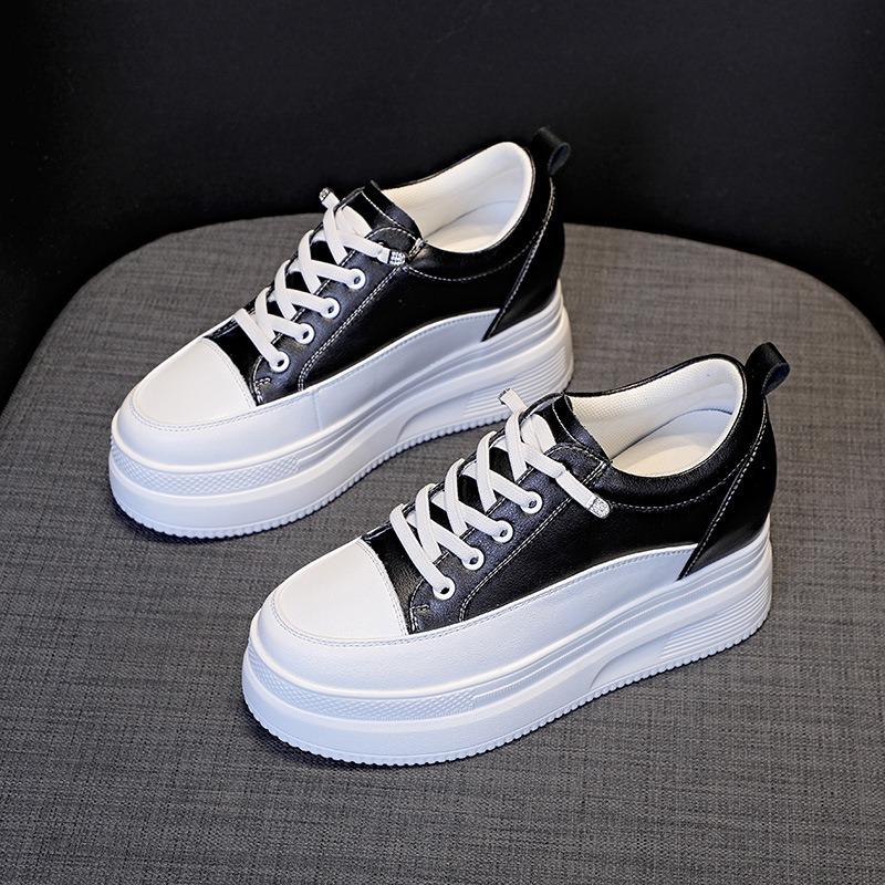 Autumn Women's Shoes New Breathable Muffin Slope Heel Heightened Low-top Leather Elastic Mesh Shoes Trendy Women's Shoes