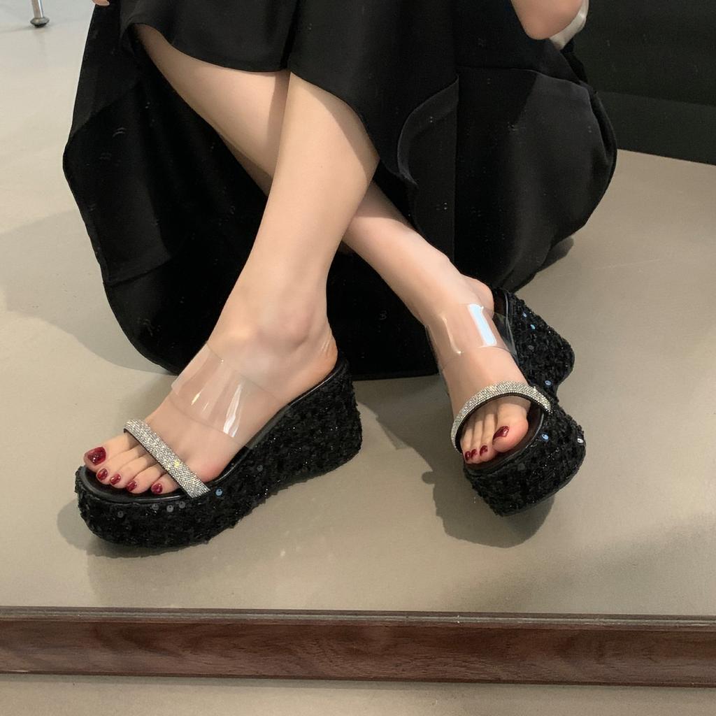 Rhinestone Slippers Women's 2025 New Summer Versatile Outer Wear One-word with Waterproof Table Thick-soled Thick-heeled High Heels