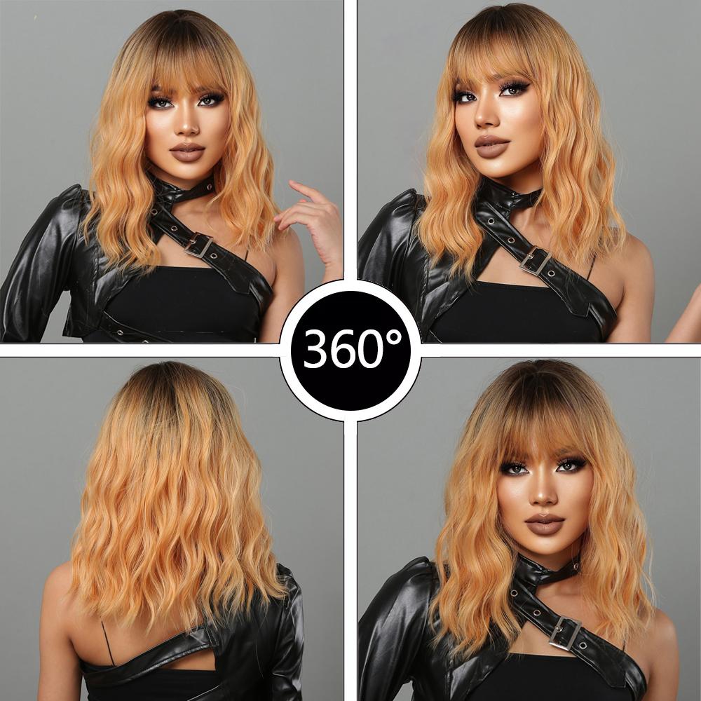 Bob Wavy Synthetic Wigs With Bangs for Women Blonde Ombre Medium Length Water Wave Wig Heat Resistant Fiber Hair Party Cosplay