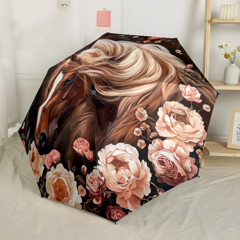 Floral Horse Elegance A Watercolor Artwork With Pink Roses And Green Leaves Compact Travel Automatic Umbrella Retractable Design With 8 Rib Durability