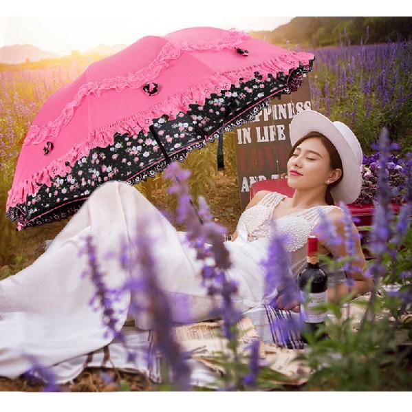 Lace Flower Women Sun Parasol Sunscreen Portable Compact Black Coating Anti UV Rain Umbrella Girl Princess Sunshades
