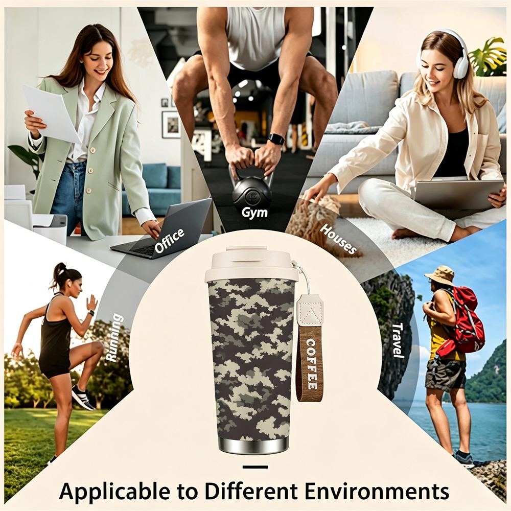 Camouflage Print Durable Travel Insulated Coffee Tumbler Vacuum Sealed Mug, Portable Leakproof Cup for Hiking Outdoor Sport