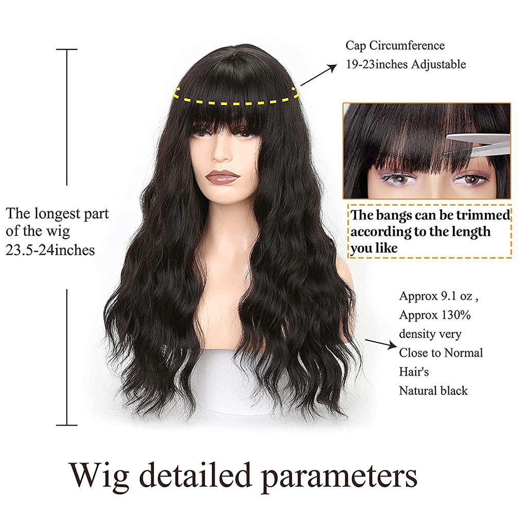 MERISIHAIR Ladies Fashion Long Curly Hair Wig with Bangs Synthetic Fiber Wavy Wig Black Brown Blonde Blue for Women Cosplay Daily Wear