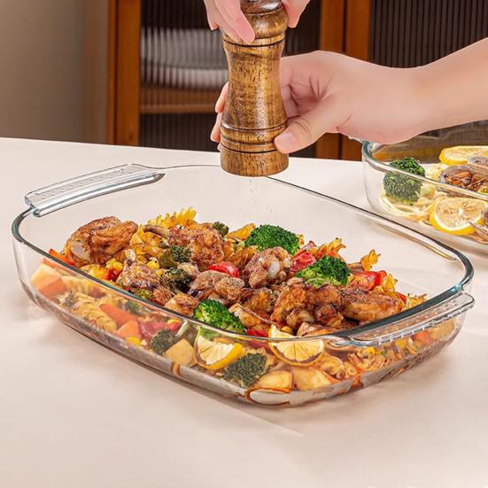 Жаропрочная стеклянная форма для выпечки с ручками Прозрачная прямоугольная форма для кекса для духовки Микроволновой печи Холодильника Многоцелевая форма для запеканки для лазаньи Рыбы
