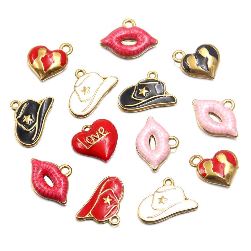 Stainless Steel Enamel Drip Oil Heart, Hat, Lips Pendants – 4 Styles, Colorfast DIY Jewelry Accessories