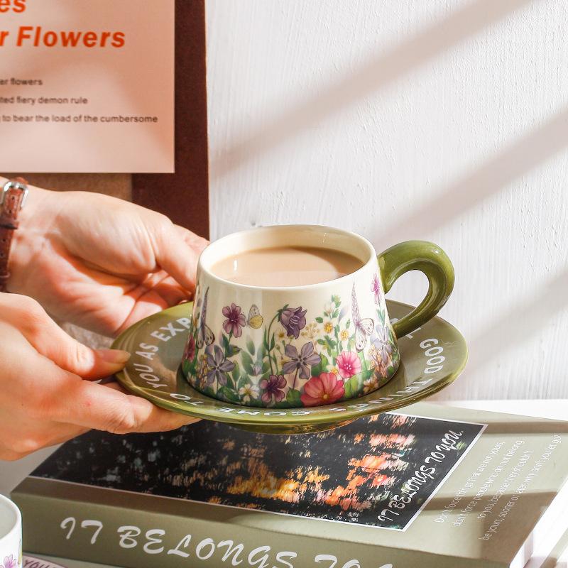 Ретро Идиллическая Кофейная Чашка с Блюдцем Антикварная Масляная Живопись Зеленый Ландыш Керамическая Чашка с Блюдцем Чашка для Послеобеденного Чая